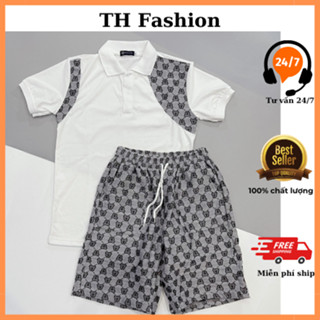 sét đồ bộ nam in phối hình đầu gấu thun cotton có cổ tròn và cổ trụ cùng quần vải bố co dãn có dây rút điều chỉnh