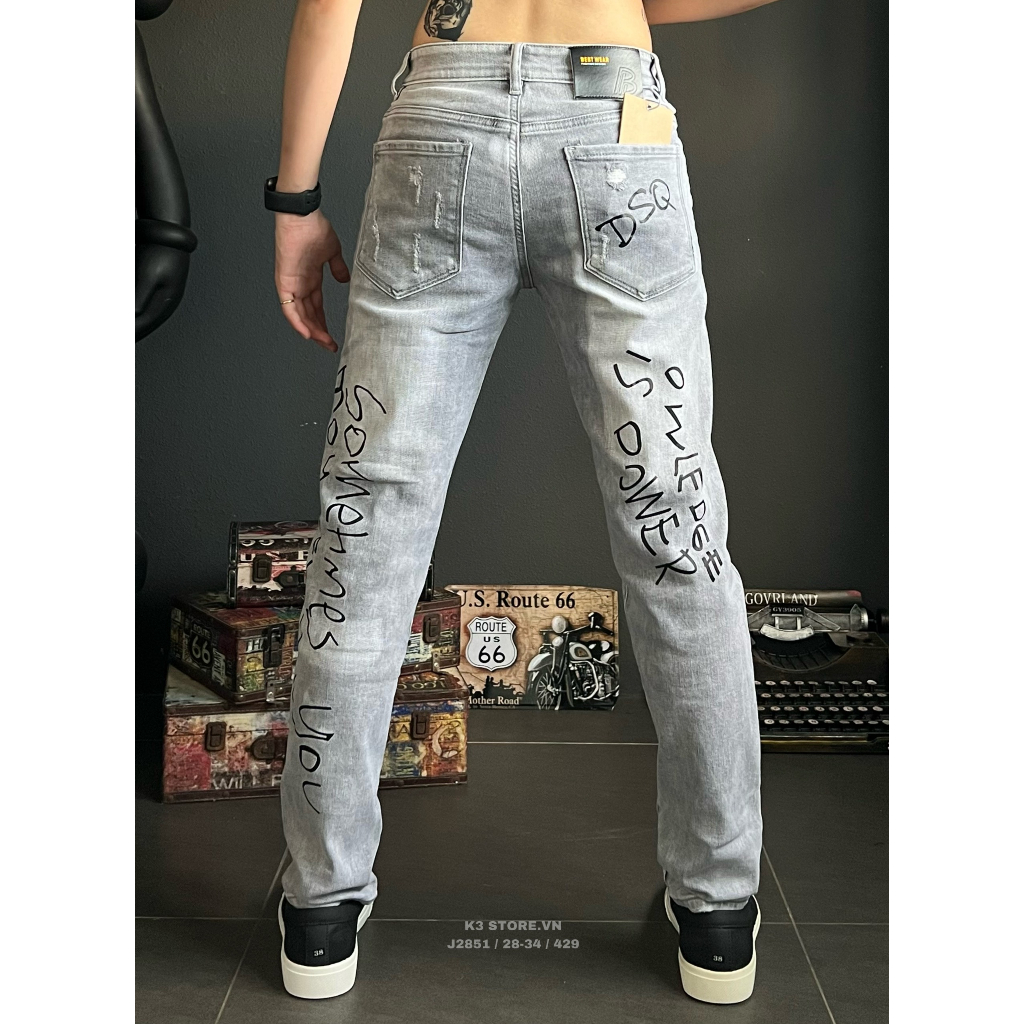 Quần jean nam dài màu xám rách in hoạ tiết full quần chi tiết như hình  J2851 K3 STORE