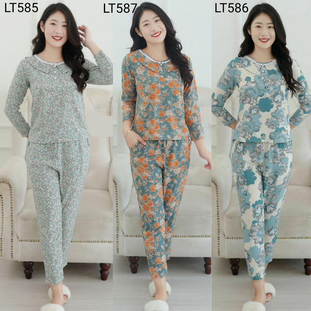 Đồ bộ mặc nhà nữ, bộ thiết kế cổ nhọn 3 khuy vải lụa thái mềm mịn tay dài thu đông lên phom đẹp