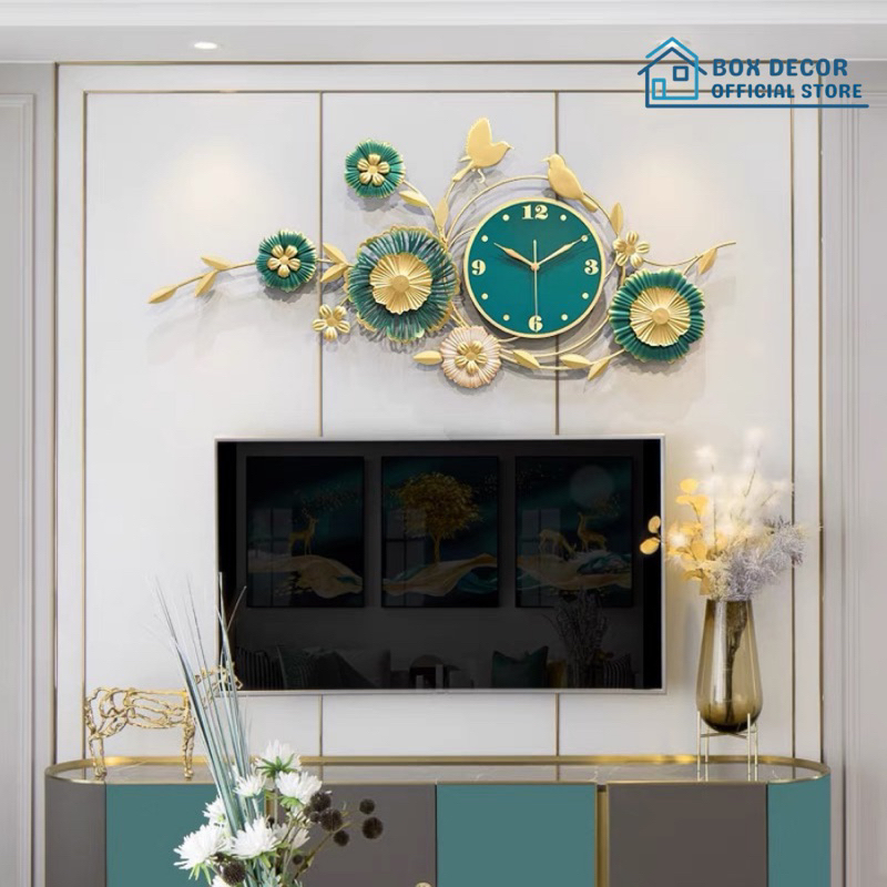 Đồng Hồ Treo Tường Trang Trí Nhà Cửa Chim Vàng Hoa Lá, Lá Sen, Lá Ginkgo Nghệ Thuật Kim Trôi Cao Cấp Box Decor BD2907