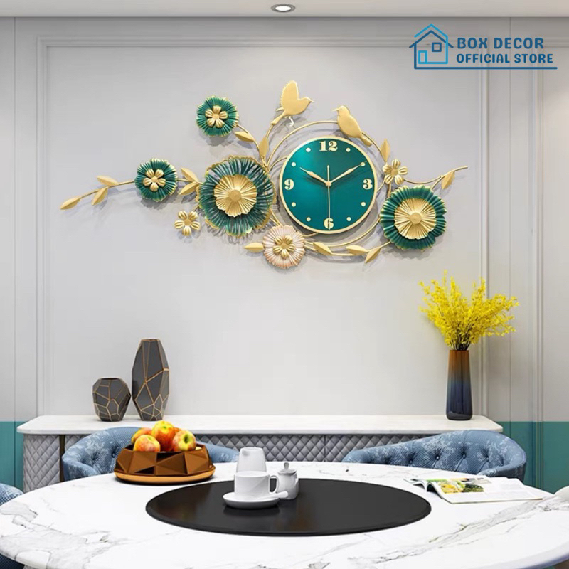 Đồng Hồ Treo Tường Trang Trí Nhà Cửa Chim Vàng Hoa Lá, Lá Sen, Lá Ginkgo Nghệ Thuật Kim Trôi Cao Cấp Box Decor BD2907