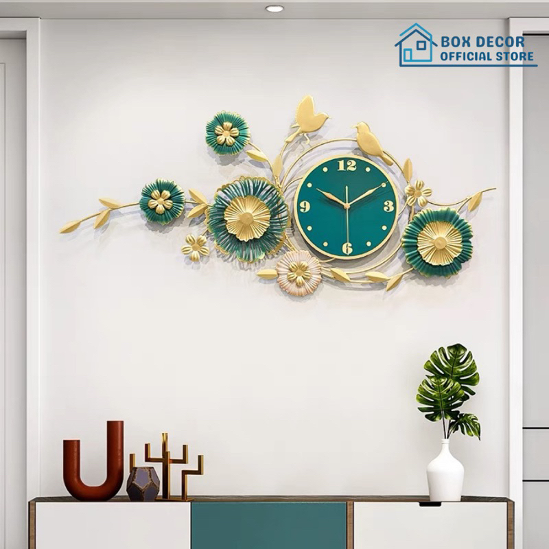 Đồng Hồ Treo Tường Trang Trí Nhà Cửa Chim Vàng Hoa Lá, Lá Sen, Lá Ginkgo Nghệ Thuật Kim Trôi Cao Cấp Box Decor BD2907
