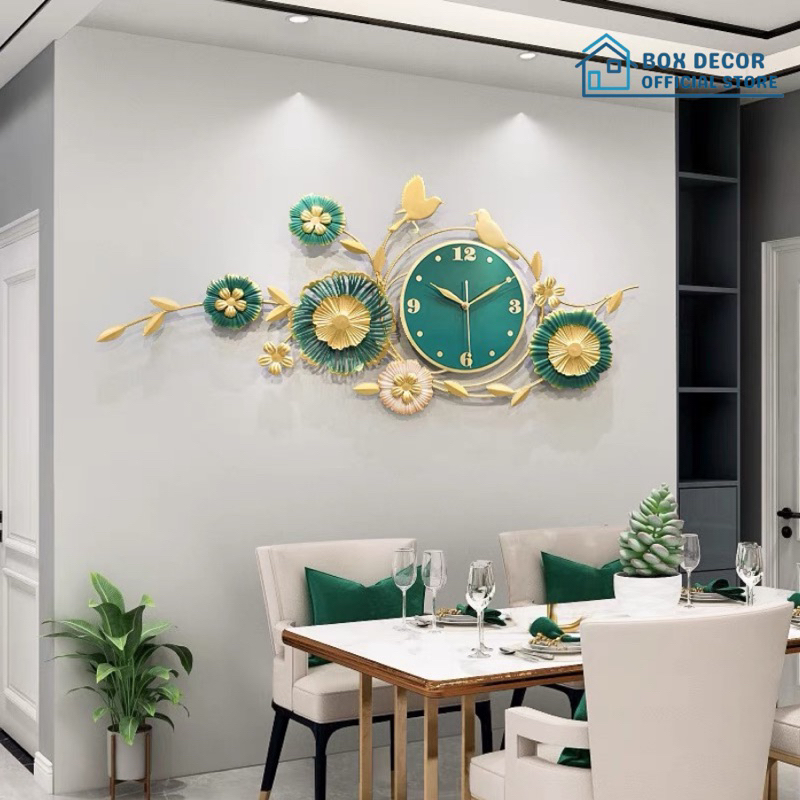 Đồng Hồ Treo Tường Trang Trí Nhà Cửa Chim Vàng Hoa Lá, Lá Sen, Lá Ginkgo Nghệ Thuật Kim Trôi Cao Cấp Box Decor BD2907