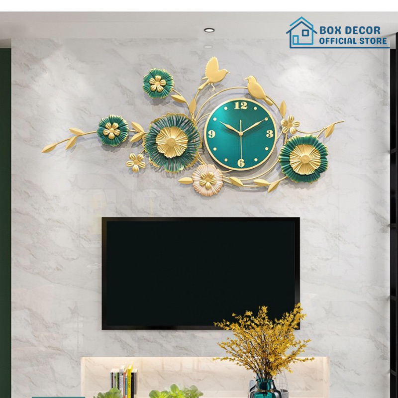 Đồng Hồ Treo Tường Trang Trí Nhà Cửa Chim Vàng Hoa Lá, Lá Sen, Lá Ginkgo Nghệ Thuật Kim Trôi Cao Cấp Box Decor BD2907