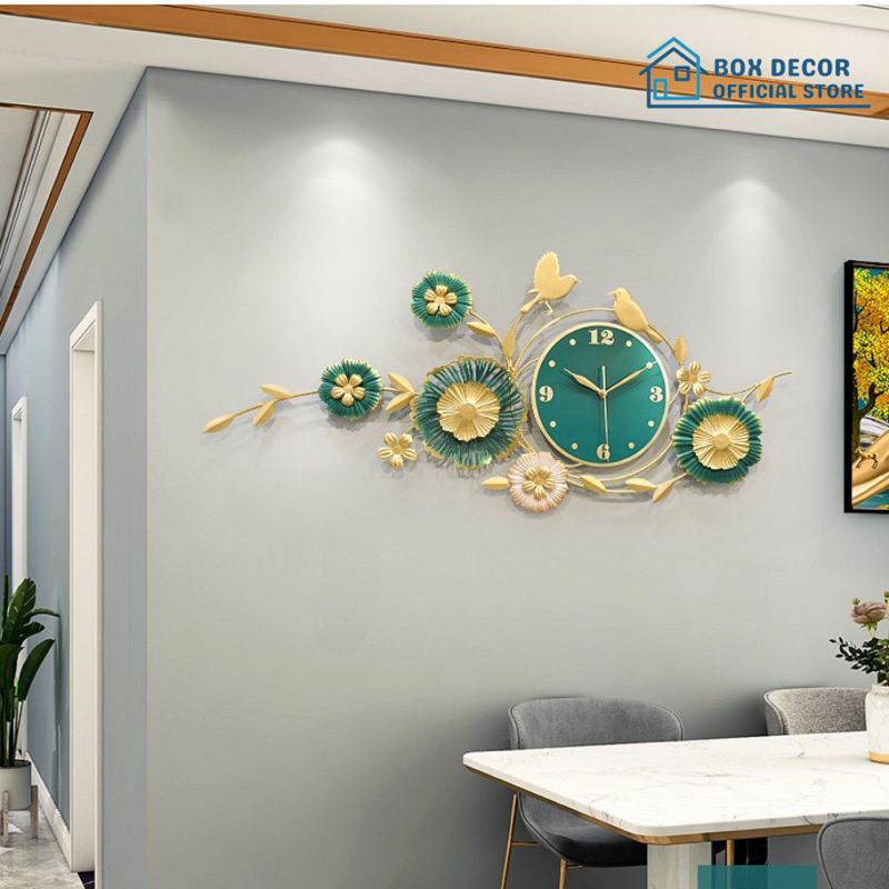 Đồng Hồ Treo Tường Trang Trí Nhà Cửa Chim Vàng Hoa Lá, Lá Sen, Lá Ginkgo Nghệ Thuật Kim Trôi Cao Cấp Box Decor BD2907