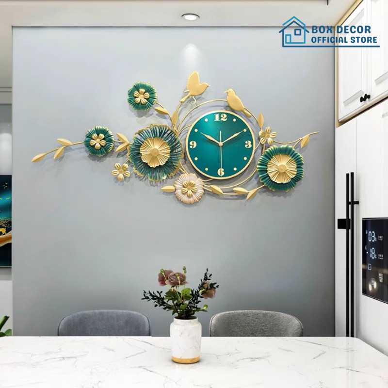 Đồng Hồ Treo Tường Trang Trí Nhà Cửa Chim Vàng Hoa Lá, Lá Sen, Lá Ginkgo Nghệ Thuật Kim Trôi Cao Cấp Box Decor BD2907
