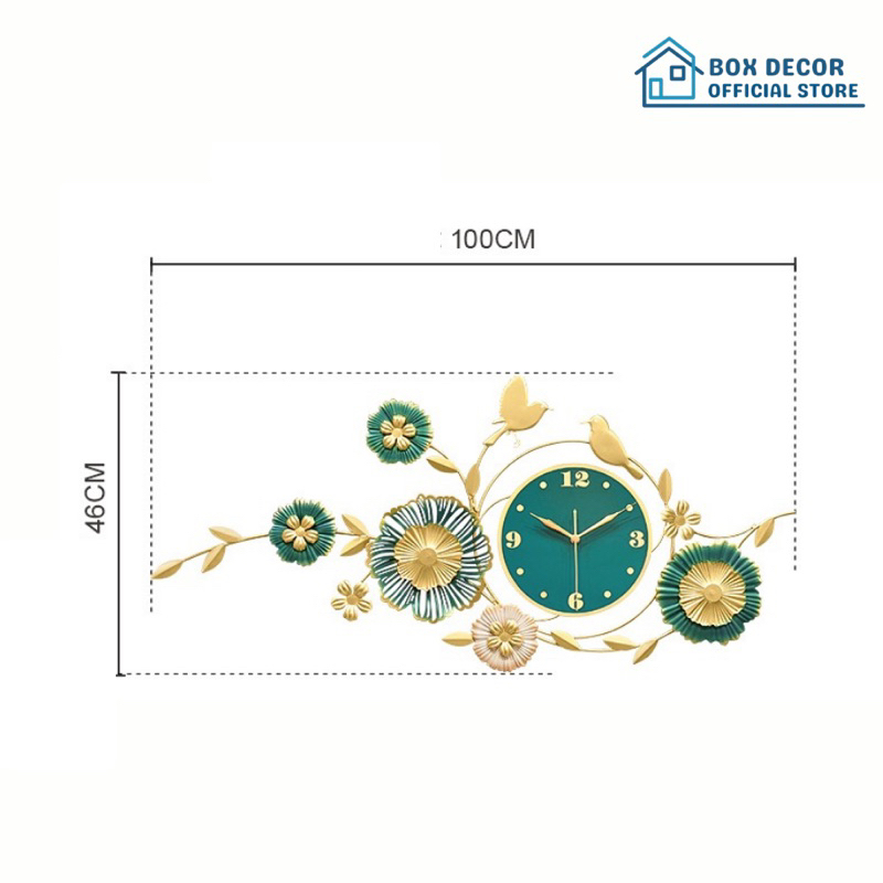 Đồng Hồ Treo Tường Trang Trí Nhà Cửa Chim Vàng Hoa Lá, Lá Sen, Lá Ginkgo Nghệ Thuật Kim Trôi Cao Cấp Box Decor BD2907