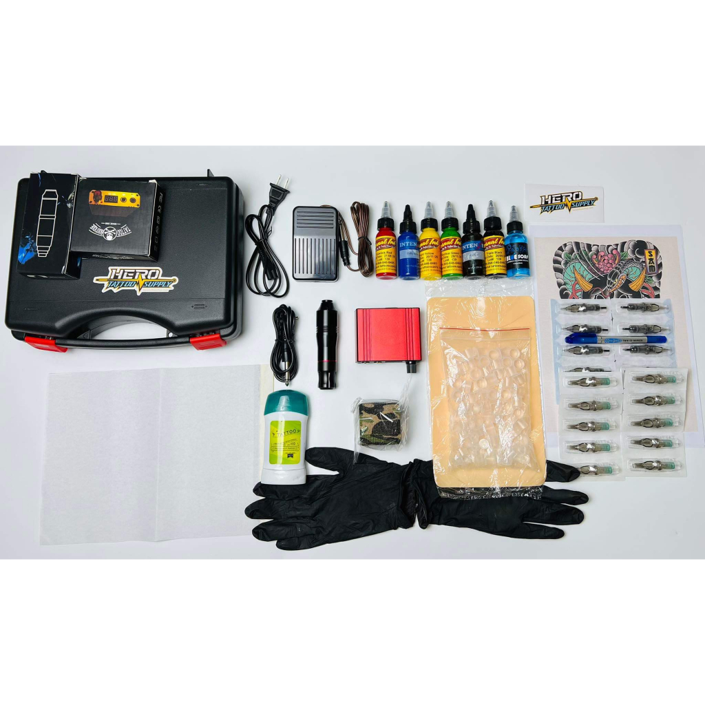 Combo bộ tập xăm hero tatoo kit,  Bộ tập xăm 16 món đồ dành cho người mới bắt đầu
