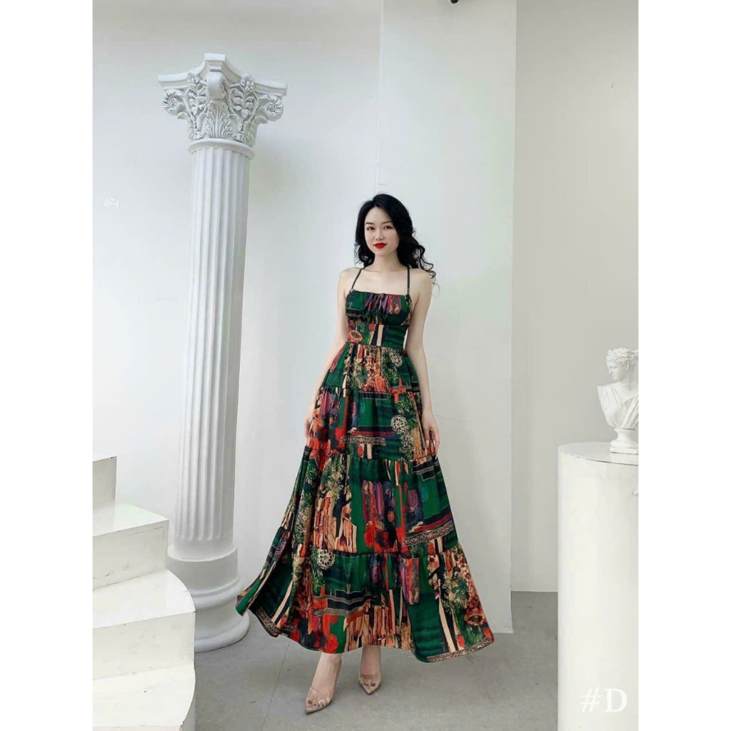 Đầm maxi voan hoa cột dây lưng phù hợp cho nàng đi tiệc,du lịch
