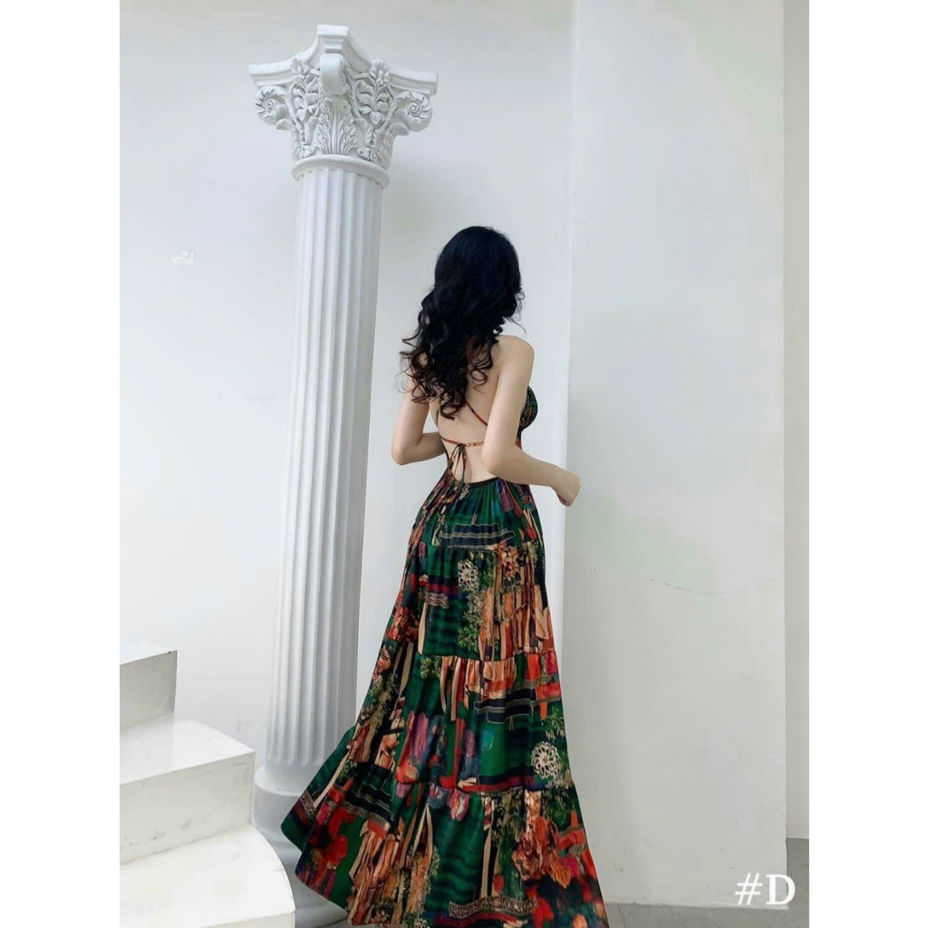 Đầm maxi voan hoa cột dây lưng phù hợp cho nàng đi tiệc,du lịch