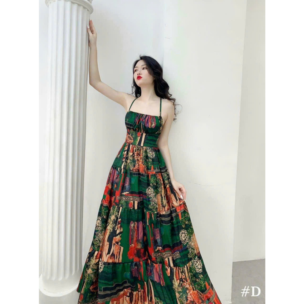 Đầm maxi voan hoa cột dây lưng phù hợp cho nàng đi tiệc,du lịch