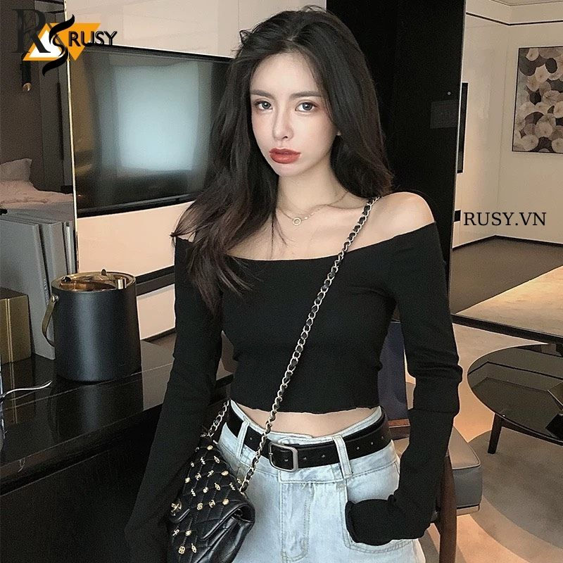 Áo Croptop Kiểu Sexy Chất Thun Borip Dày,Áo Thun Croptop Tay Dài Trễ Vai Ôm Body RUSY