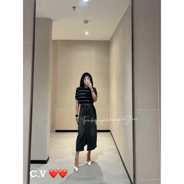 Chân váy jeans xẻ tà kèm đai hàng QCL1