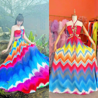 Đầm maxi loang nhiều màu lụa chiffon phối bèo ngực 2 dây cổ yếm lưng nhún bo chun, váy dài hotgirl đi chơi biển du lịch