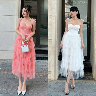 Đầm lưới trắng hồng cam chấm bi 2 dây cúp ngực, váy dài tầng sang trọng quyến rũ quý phái, thời trang đi chơi dự tiệc