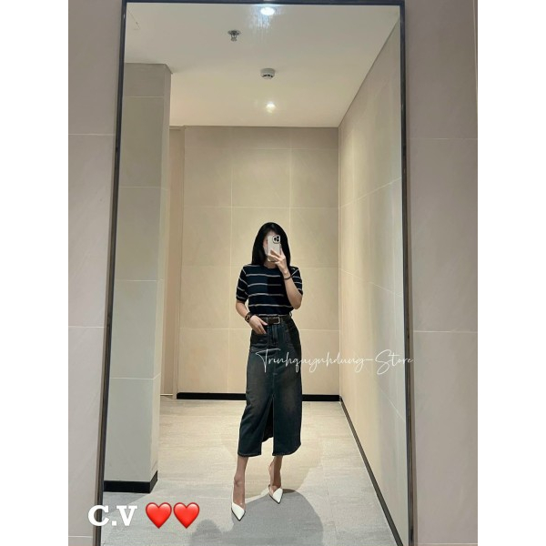 Chân váy jeans xẻ tà kèm đai hàng QCL1