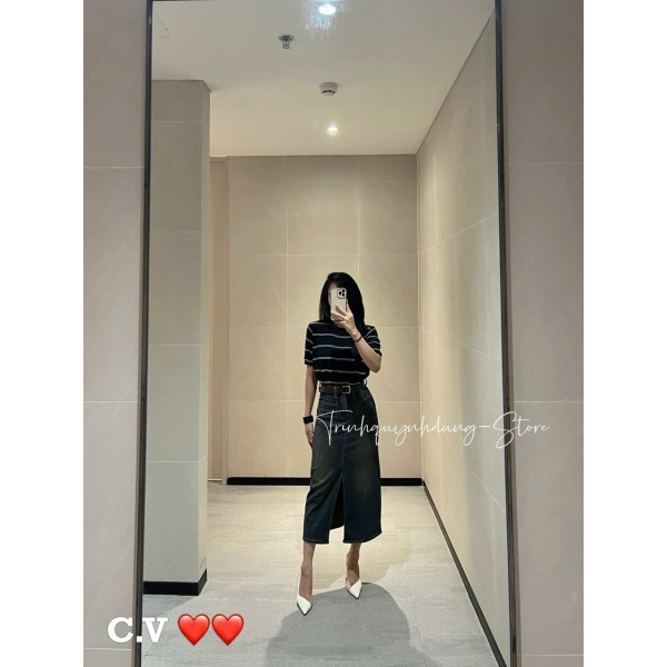 Chân váy jeans xẻ tà kèm đai hàng QCL1