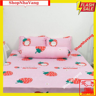 Ga trải giường cotton poly 1m8x2m, drap giường hàn quốc - mẫu dâu tây