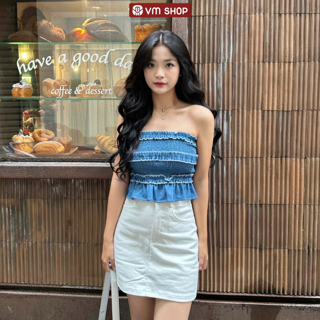 Áo ống jean VM Shop cúp ngực nhún thân viền bèo sexy thời trang Ulzzang 7186 ASU00422