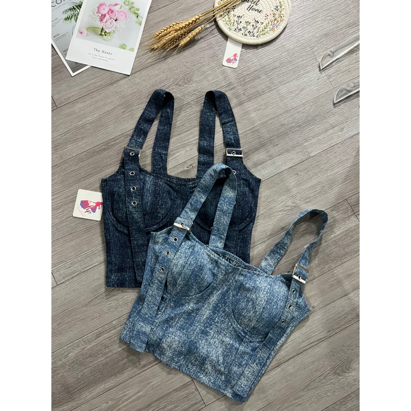 Áo jean cúp ngực 2 dây có mút, áo croptop jean loang body tôn dáng G344 | BigBuy360 - bigbuy360.vn