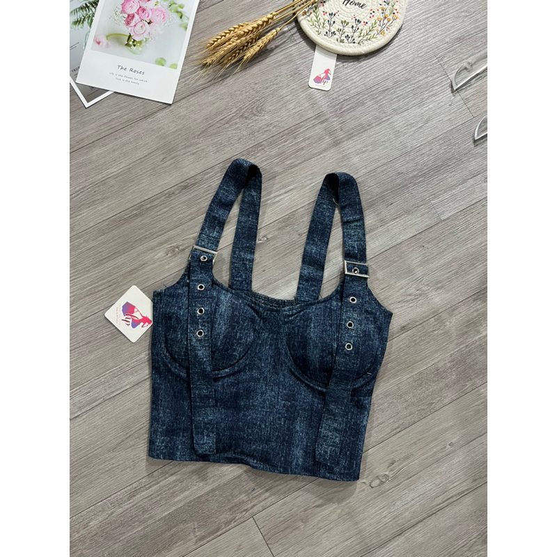 Áo jean cúp ngực 2 dây có mút, áo croptop jean loang body tôn dáng G344 | BigBuy360 - bigbuy360.vn