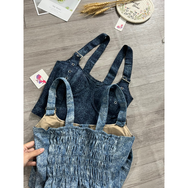 Áo jean cúp ngực 2 dây có mút, áo croptop jean loang body tôn dáng G344 | BigBuy360 - bigbuy360.vn