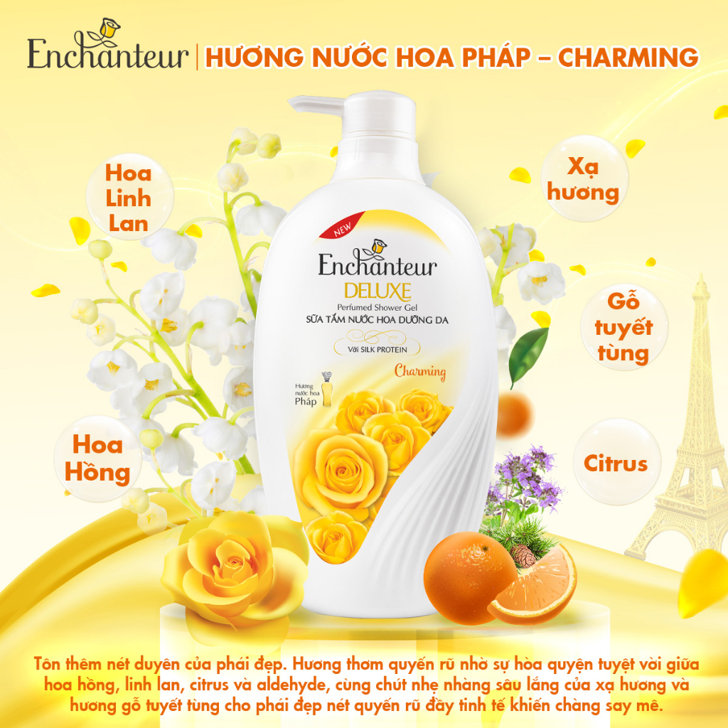 Sữa tắm dưỡng ẩm có hạt Enchanteur Charming/ Sensation white creamy body scrub 650gr