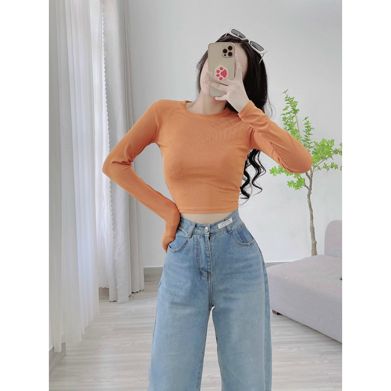 Áo Croptop tay dài thun gân túi zip