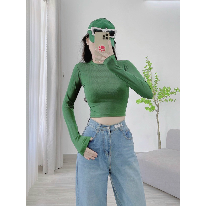 Áo Croptop tay dài thun gân túi zip