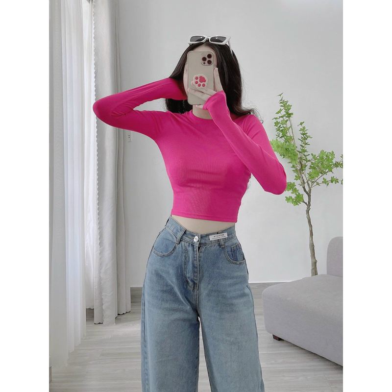 Áo Croptop tay dài thun gân túi zip