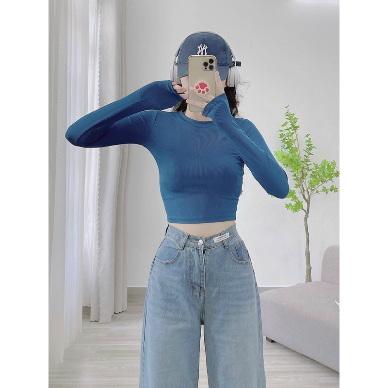 Áo Croptop tay dài thun gân túi zip