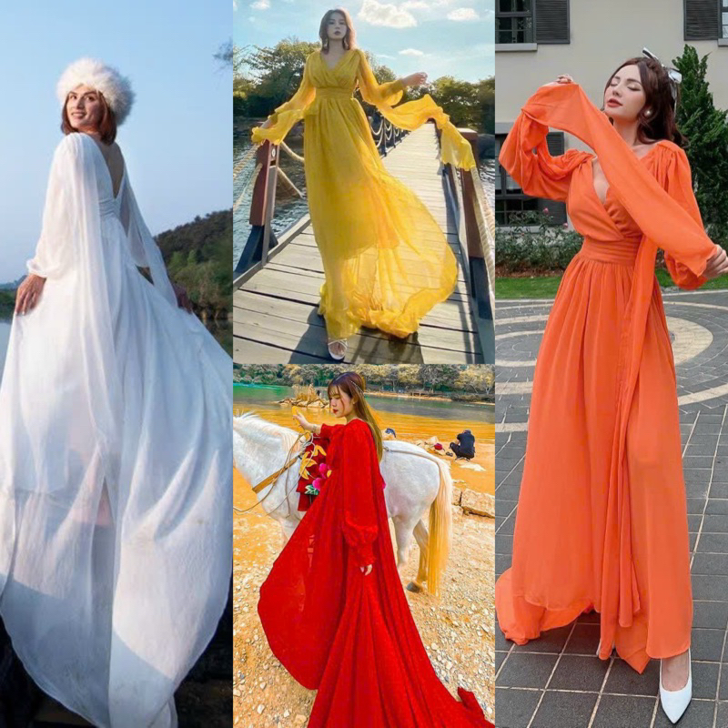 Hàng TK Đầm maxi voan xẻ đùi tà 2m4 tay dài cam vàng trắng đỏ, váy thời trang nữ độc lạ đi chơi biển du lịch chụp hình
