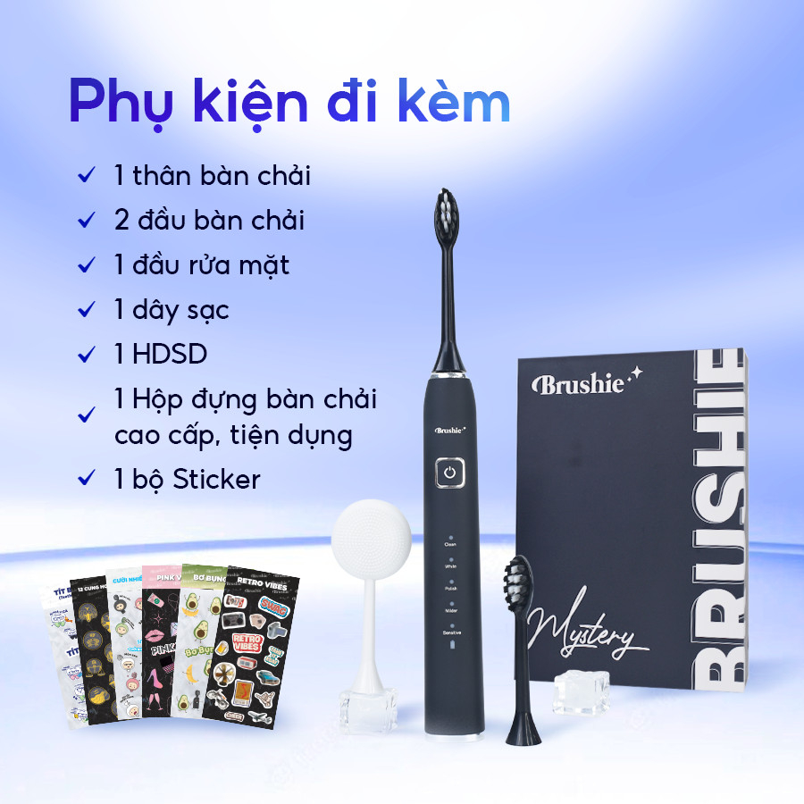 Bàn chải điện Brushie tích hợp máy rửa mặt 5 chế độ, Bàn chải đánh răng phù hợp cho răng nhạy cảm, Hàng chính hãng