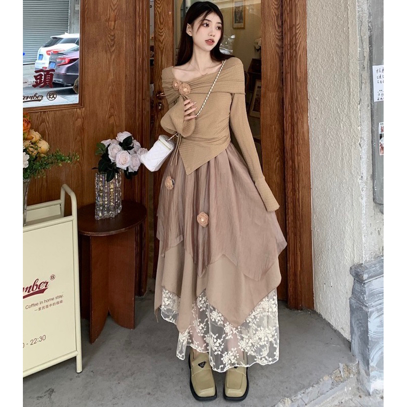 Set chân váy nữ xoè dáng dài 3 lớp mix áo thun vạt chéo dài tay cổ loe đính hoa phong cách tiểu thư sang trọng