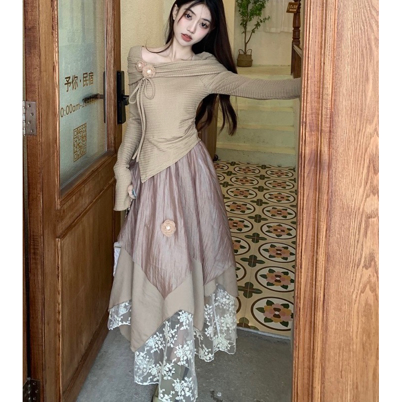 Set chân váy nữ xoè dáng dài 3 lớp mix áo thun vạt chéo dài tay cổ loe đính hoa phong cách tiểu thư sang trọng