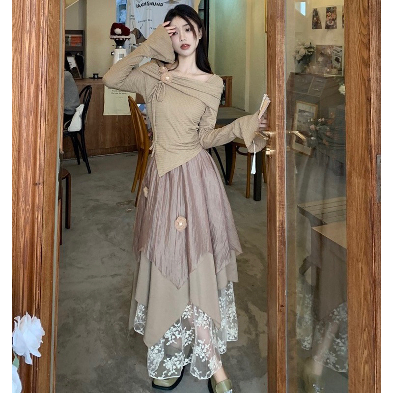 Set chân váy nữ xoè dáng dài 3 lớp mix áo thun vạt chéo dài tay cổ loe đính hoa phong cách tiểu thư sang trọng