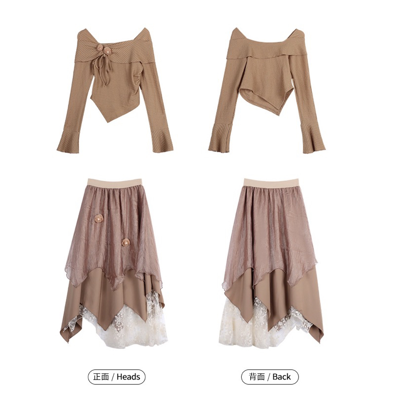 Set chân váy nữ xoè dáng dài 3 lớp mix áo thun vạt chéo dài tay cổ loe đính hoa phong cách tiểu thư sang trọng