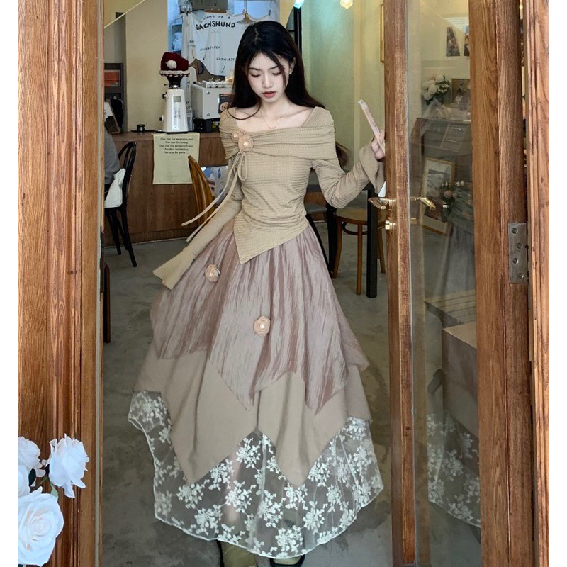 Set chân váy nữ xoè dáng dài 3 lớp mix áo thun vạt chéo dài tay cổ loe đính hoa phong cách tiểu thư sang trọng