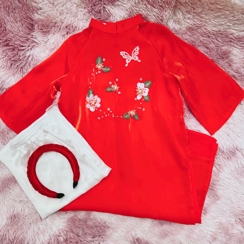 Áo dài bé gái 4 tà kèm quần chất tơ voan phối lụa kết hoa mẹ và bé MamLa