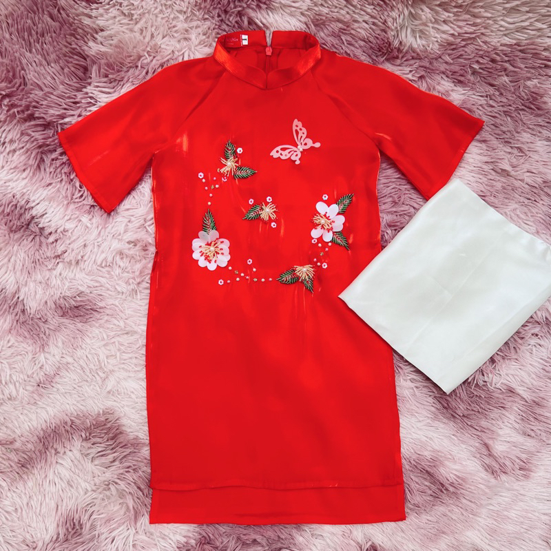 Áo dài bé gái 4 tà kèm quần chất tơ voan phối lụa kết hoa mẹ và bé MamLa