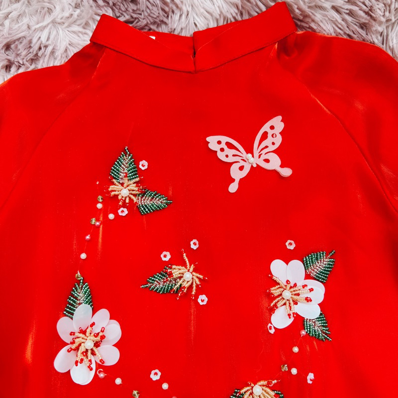 Áo dài bé gái 4 tà kèm quần chất tơ voan phối lụa kết hoa mẹ và bé MamLa