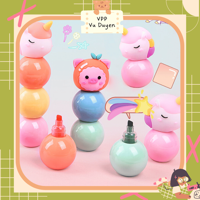 Bút dạ quang, bút đánh dấu highlight học sinh hình chú kỳ lân, bé heo xinh xắn