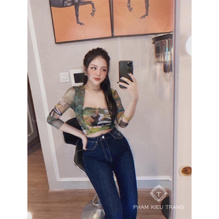 Áo thun croptop lưới tay dài cổ vuông dáng ôm cực đẹp