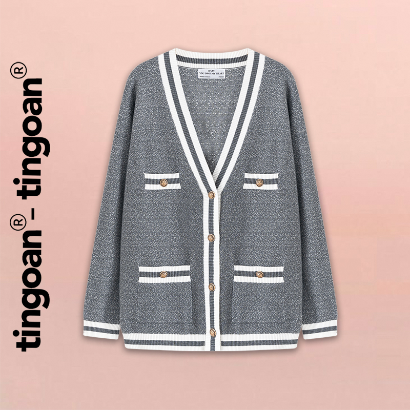 TINGOAN® - Áo khoác cardigan len xù xám viền trắng  RAINBOW BABY CARDIGAN/GR