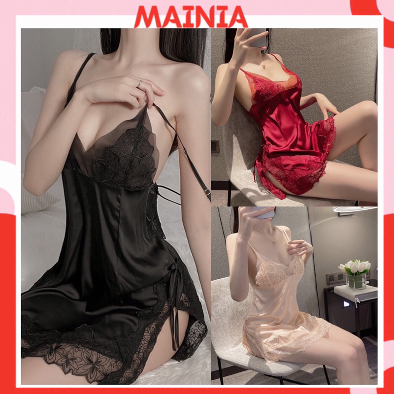 Đầm Ngủ Váy Ngủ Hai Dây Ren Ngực Xẻ Vạt Ngắn Cao Cấp mềm mịn gợi cảm Mainia Shop 2250