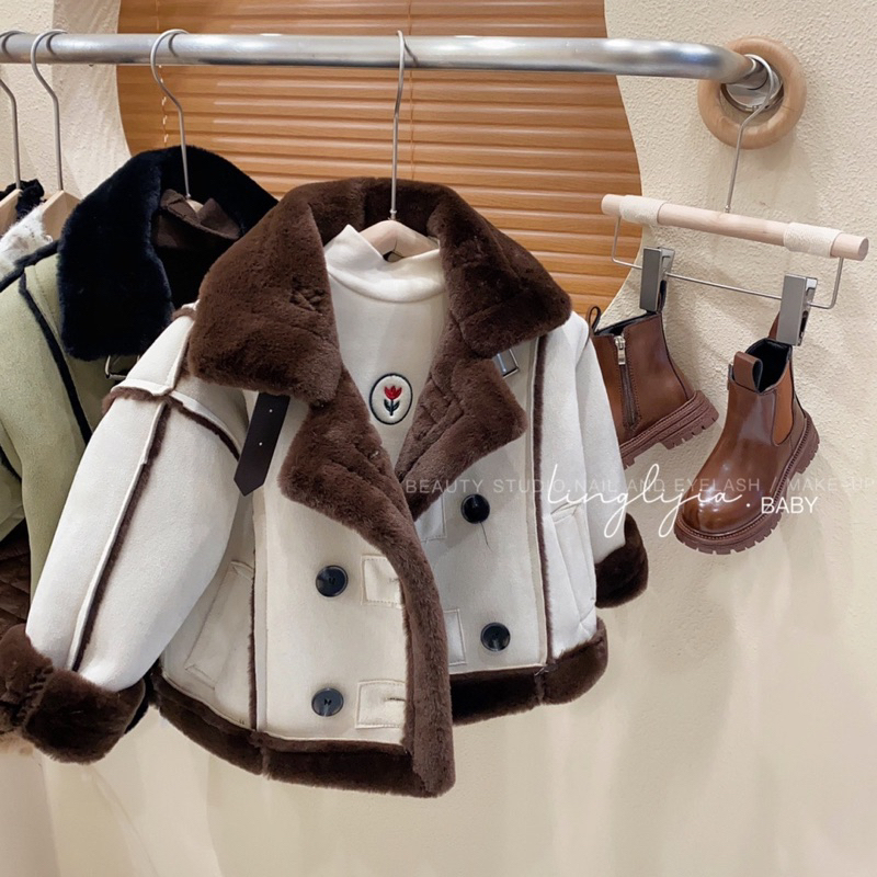 Áo Khoác Lót Lông Cừu Dày Cổ Đứng thời trang mùa đông Cho Bé Trai Bé Gái
