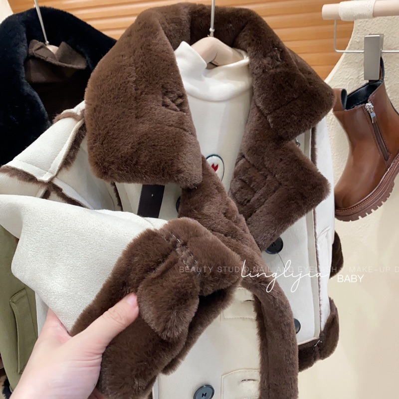 Áo Khoác Lót Lông Cừu Dày Cổ Đứng thời trang mùa đông Cho Bé Trai Bé Gái