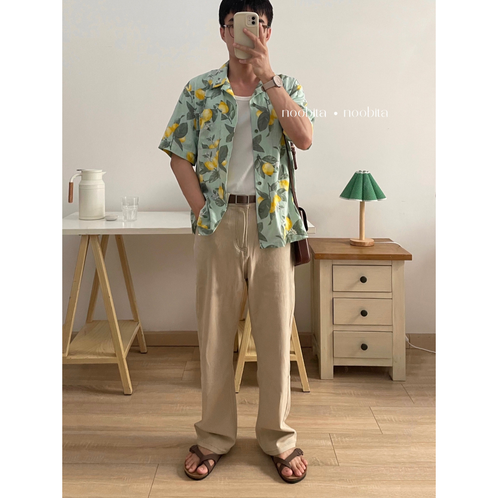 NOOBITA - Sơ mi tay ngắn cổ vest hoạ tiết lá 7925