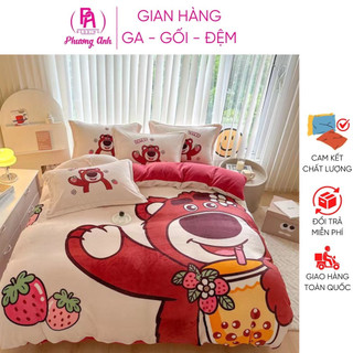 Bộ chăn ga gối nỉ nhung gấu dâu 3d ga nỉ nhung bo chun đủ size nệm vỏ chăn có khóa kéo lồng được ruột chăn