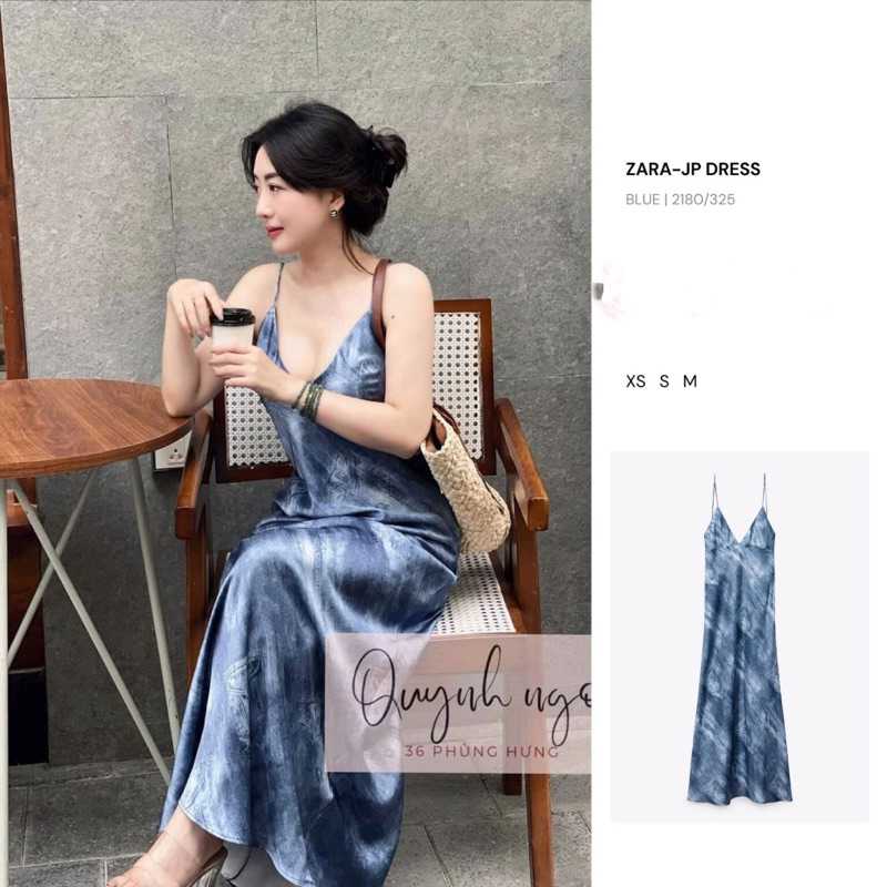 ZARA Đức - Đầm satin lụa maxi midi hai dây cổ V hở lưng đi biển dự tiệc màu loang xanh dương sale auth new sẵn 2180/325